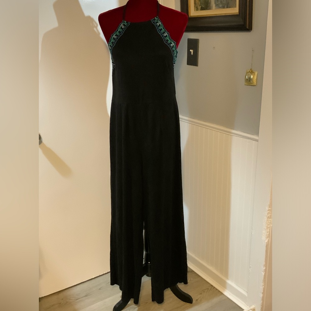 Sugar lips jumpsuit black with embroidered eyelet pattern halter top size L